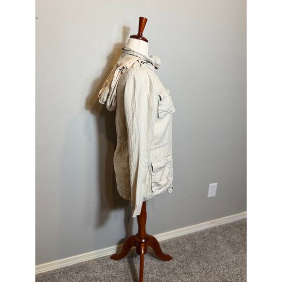 Olivia Moon jacket 100% tan linen hooded cargo utility pockets zip button sz XS - Picture 3 of 11